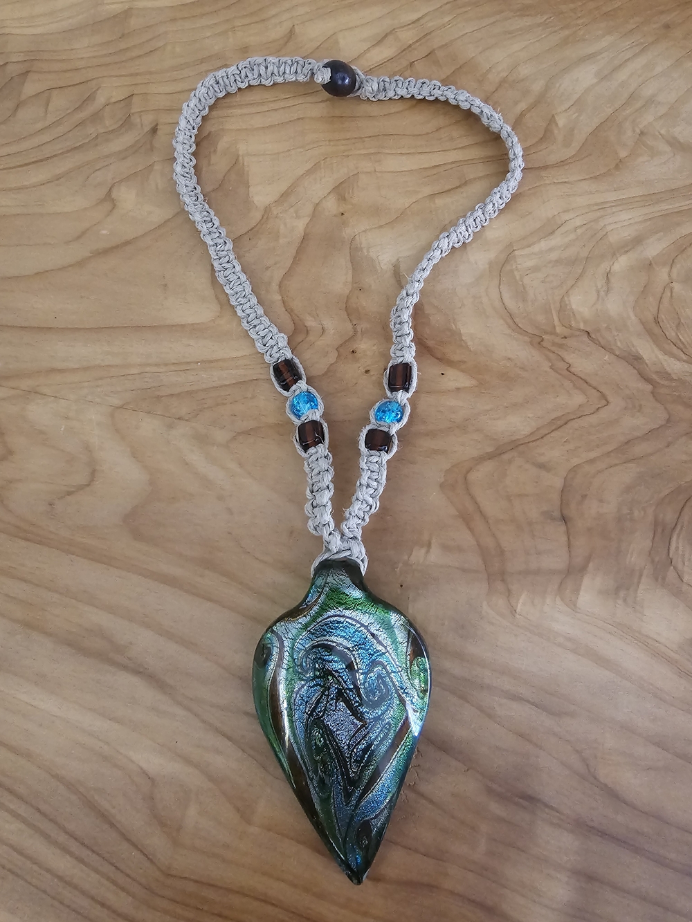 Blue-Green Glass Pendant Necklace with Macramé Cord - Picture 2 of 5